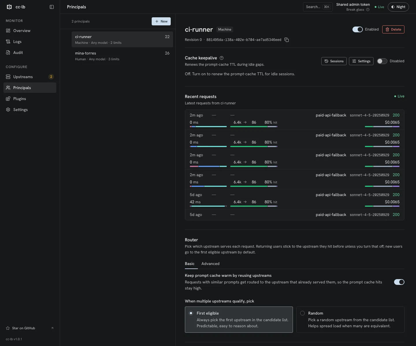 cc-lb Principals screen with the ci-runner machine principal, its cache keepalive setting, recent requests, and router options.